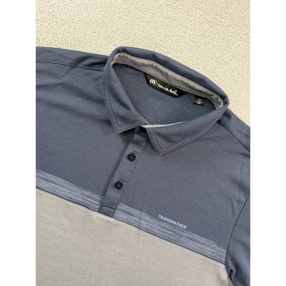 TravisMathew Mens Polo Shirt Medium Blue Grey Colorblock Pima Cotton Blend Golf